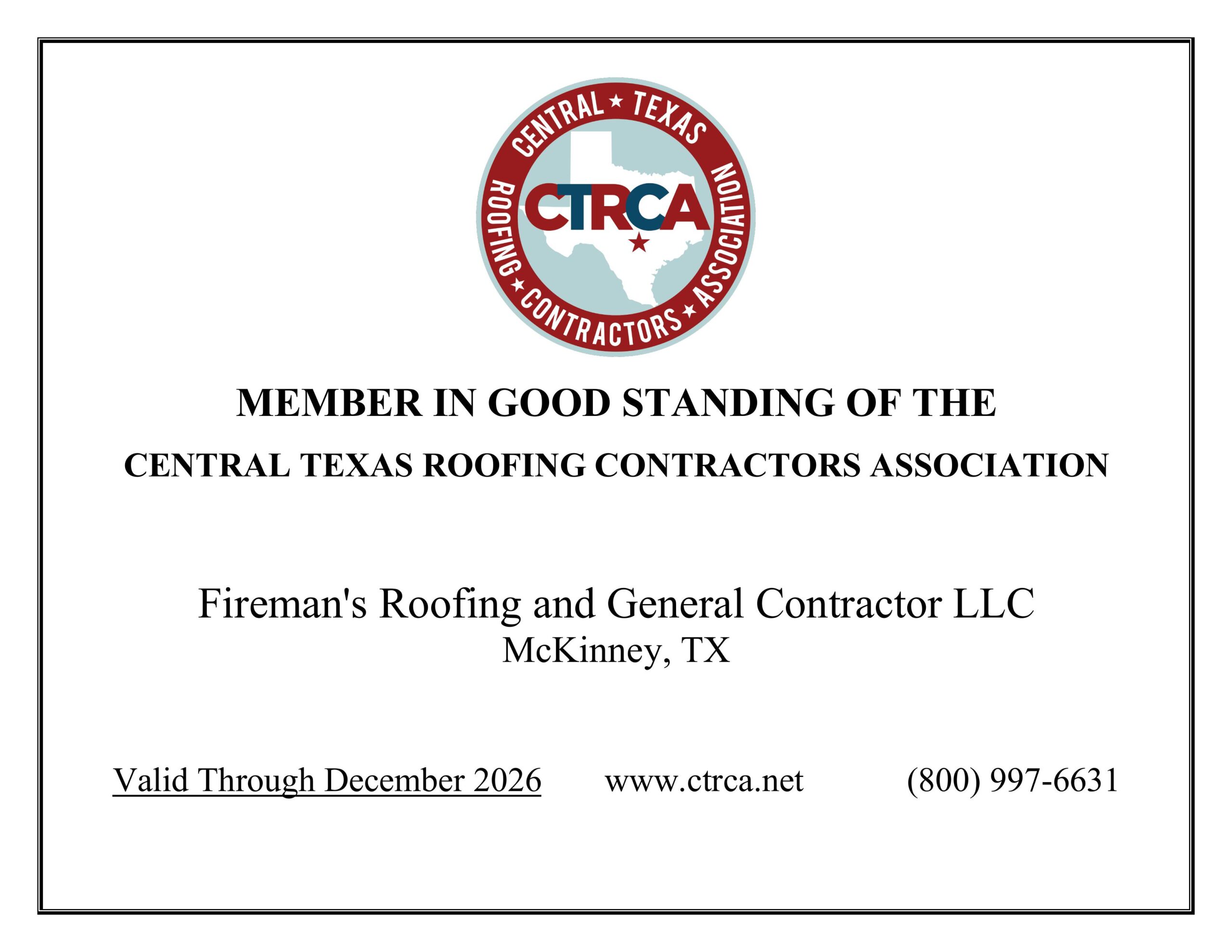 2026 CTRCA membership certificate for Fireman's Roofing