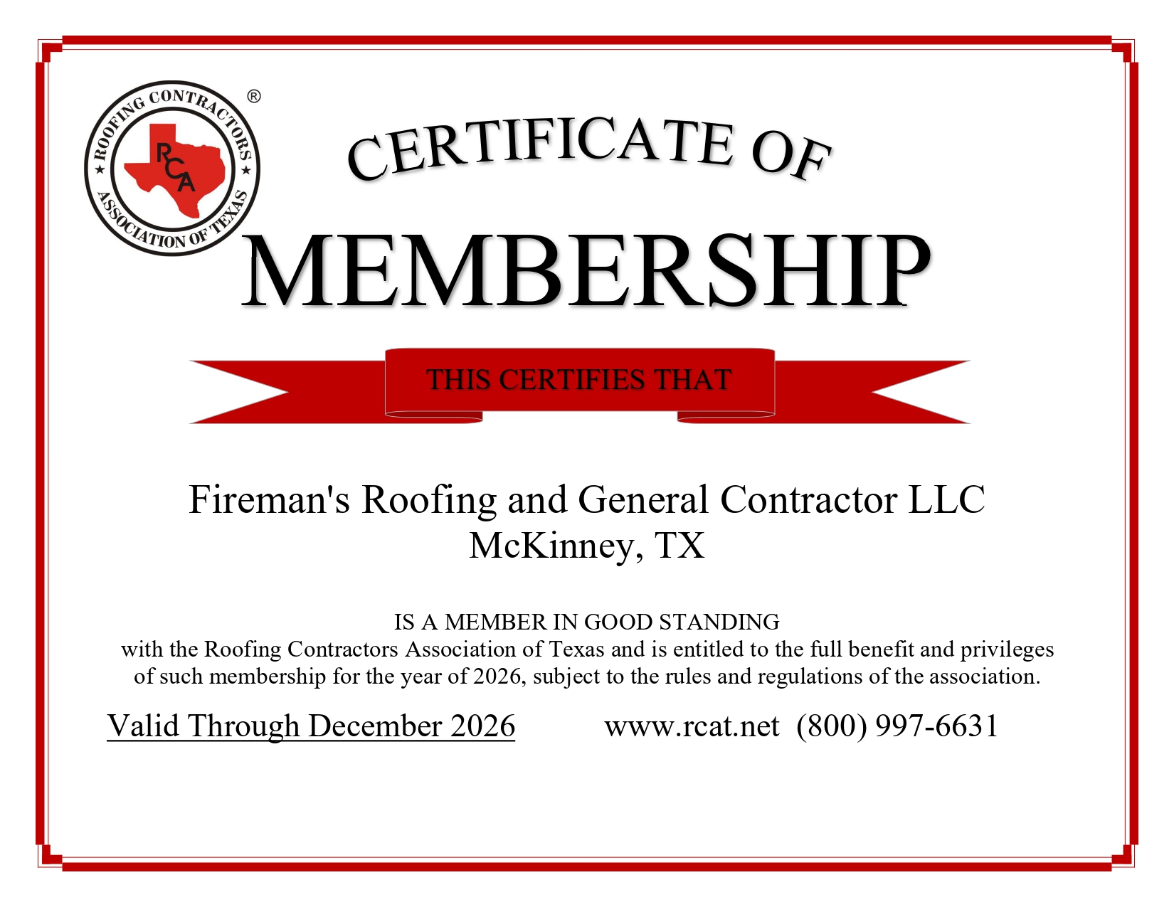2026 RCAT membership certificate for Fireman's Roofing